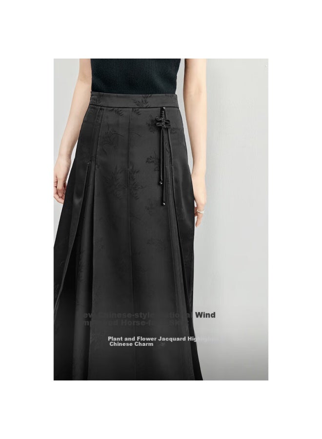 Sentubila New Chinese Style A-line Skirt For Women, Spring And Autumn Slimming Modified Horse-face Skirt, Black Mid-length Skirt, Black, L - Image 1