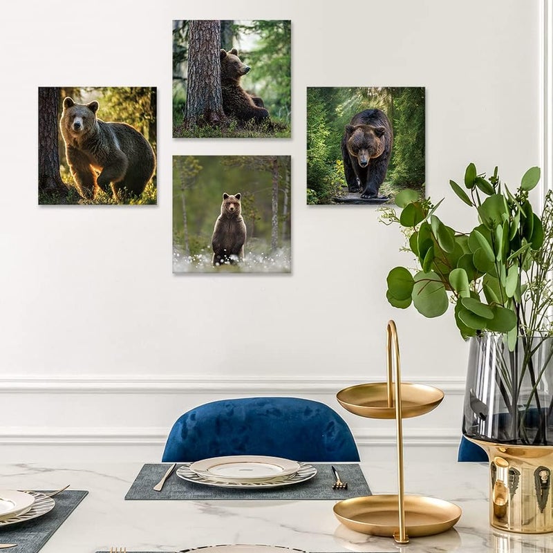 Artscope 4 Pieces Wall Art Canvas Prints - Forest and Bear Picture Painting - Modern Wall Artwork Framed for Gifts Bathroom Home Kitchen Office Decor - 30 x 30 CM - Image 3