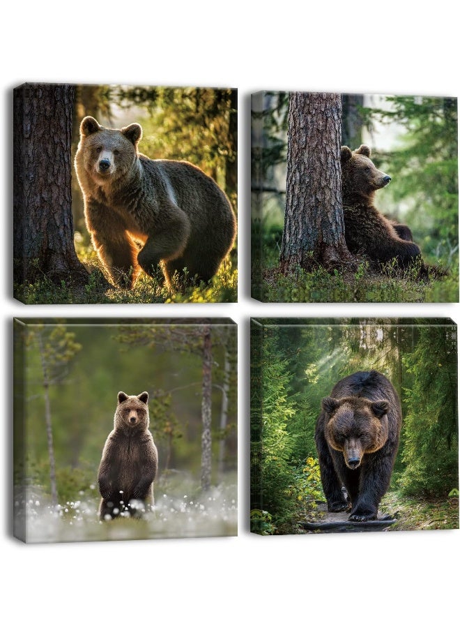 Artscope 4 Pieces Wall Art Canvas Prints - Forest and Bear Picture Painting - Modern Wall Artwork Framed for Gifts Bathroom Home Kitchen Office Decor - 30 x 30 CM - Image 1