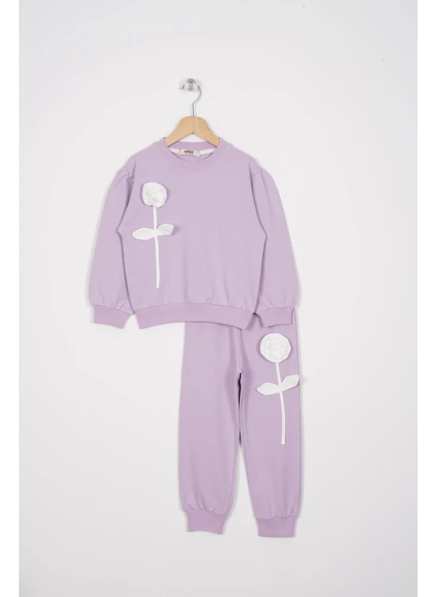 Zepkids Rose Detailed Elastic Leg Lilac Color Girls Tracksuit