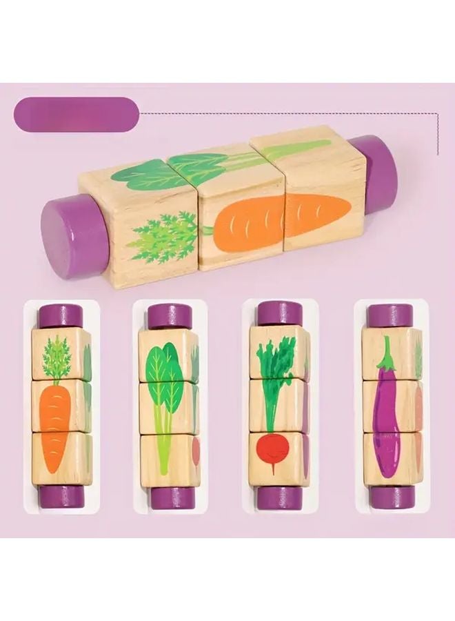 مكعبات الألغاز الخشبية الدوارة للأطفال بتصاميم حيوانات وخضروات، ألعاب بناء تعليمية - Image 1