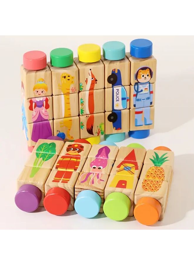 مكعبات الألغاز الخشبية الدوارة للأطفال بتصاميم حيوانات وخضروات، ألعاب بناء تعليمية - Image 4