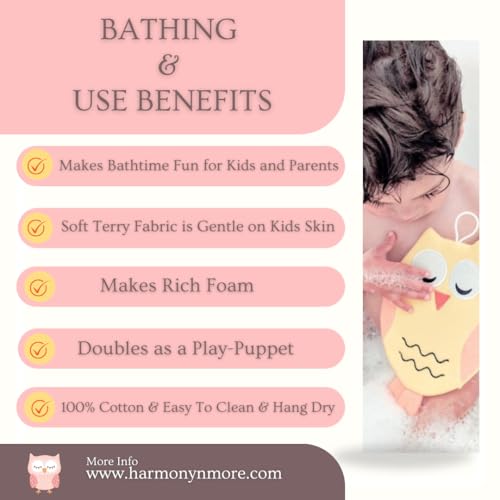 Harmony N More - Olivia The Owl Washcloth - Animal Shape Cotton Mitt - Bath Glove for Kids - Bath Towel Gloves - Cute Glove - Puppet Bath Glove (Pink, Blue) - Image 2