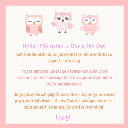 Harmony N More - Olivia The Owl Washcloth - Animal Shape Cotton Mitt - Bath Glove for Kids - Bath Towel Gloves - Cute Glove - Puppet Bath Glove (Pink, Blue) - Image 3