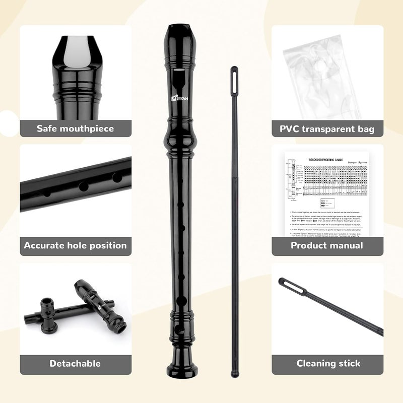 SWAN Soprano Recorder Instrument for Beginners Student - Baroque Style 8 Hole Flute Detachable 3pcs Descant Recorder with Cleaning Rod and Chart, Black - Image 1