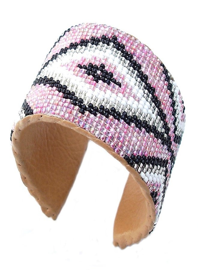La Vivia Handmade Beaded Indian Fashion Jewelery Cuff Bracelet,Seed Beaded Pink Black,Native American Style Leather Cuff Bracelet Unisex. - Image 1