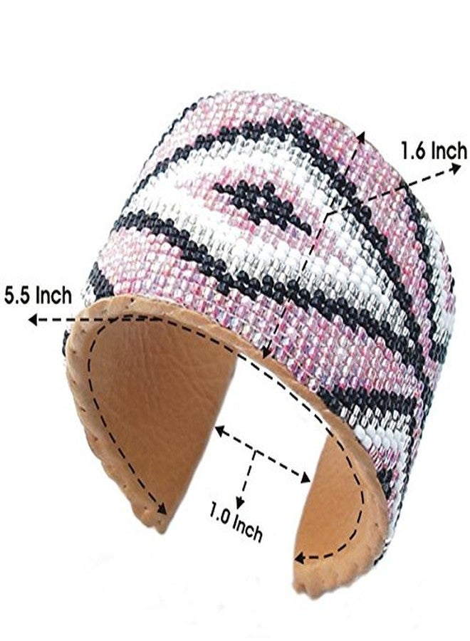 La Vivia Handmade Beaded Indian Fashion Jewelery Cuff Bracelet,Seed Beaded Pink Black,Native American Style Leather Cuff Bracelet Unisex. - Image 2