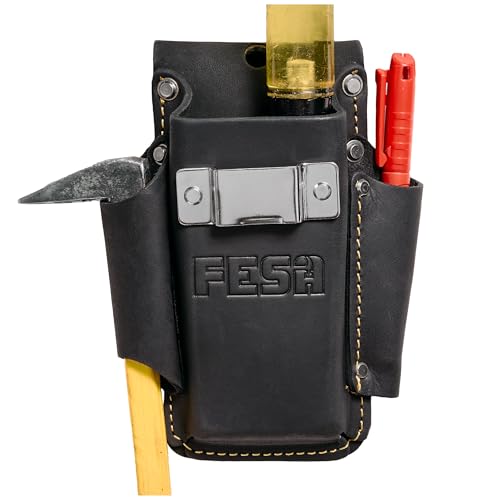 FESA Small Leather Tool Pouch 4in1 Heavy Top Grain Leather Small Tool Pouch with a Steel Tape Measure Clip 3 Pockets Reinforced Heavy Duty Rivets Fits Belts up to 3 Handcrafted Black - Image 1