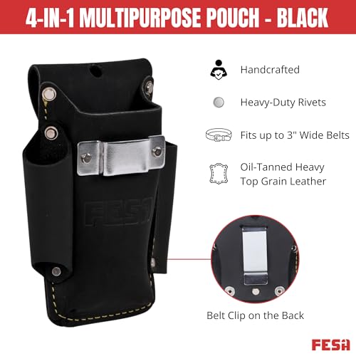 FESA Small Leather Tool Pouch 4in1 Heavy Top Grain Leather Small Tool Pouch with a Steel Tape Measure Clip 3 Pockets Reinforced Heavy Duty Rivets Fits Belts up to 3 Handcrafted Black - Image 3