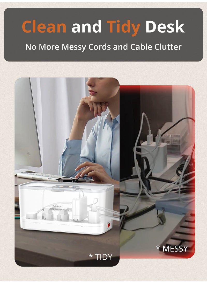 5-in-1 Power Extension Cord Organizer Box with 15W Wireless Charger, 5 Universal Outlets Strip, 20W USB-C PD3.0 and 18W USB-A QC3.0 Fast Charging Ports, 2 Tablet Holder Trays, 2M Cable