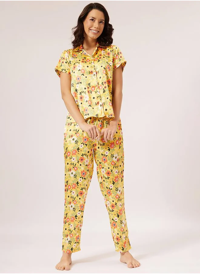 كلوفيا Satin Floral Print Buttoned Shirt & Pyjama Set by Styli
