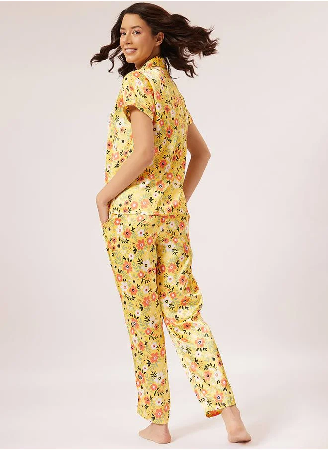 كلوفيا Satin Floral Print Buttoned Shirt & Pyjama Set by Styli