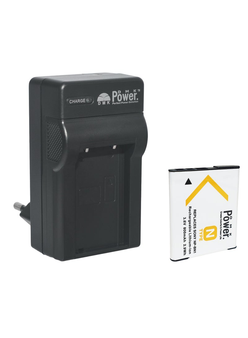DMK Power DMK Power NP-BN1 800mAh Battery and TC600E Travel Battery Charger Compatible with Sony DSC-QX10, DSC-QX30, DSC-QX100, DSC-TX100V, DSC-TX200V, DSC-W800, DSC-W810, DSC-W830, ect, - Image 1