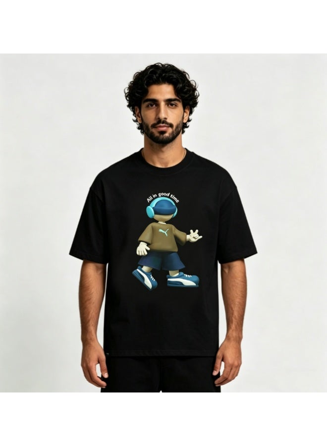 Puma "All in Good Time" 3D Cartoon Character Black Cotton T-Shirt-XXXXXL - Image 1