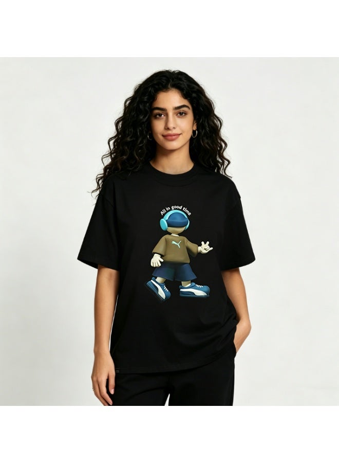 Puma "All in Good Time" 3D Cartoon Character Black Cotton T-Shirt-XXXXXL - Image 2