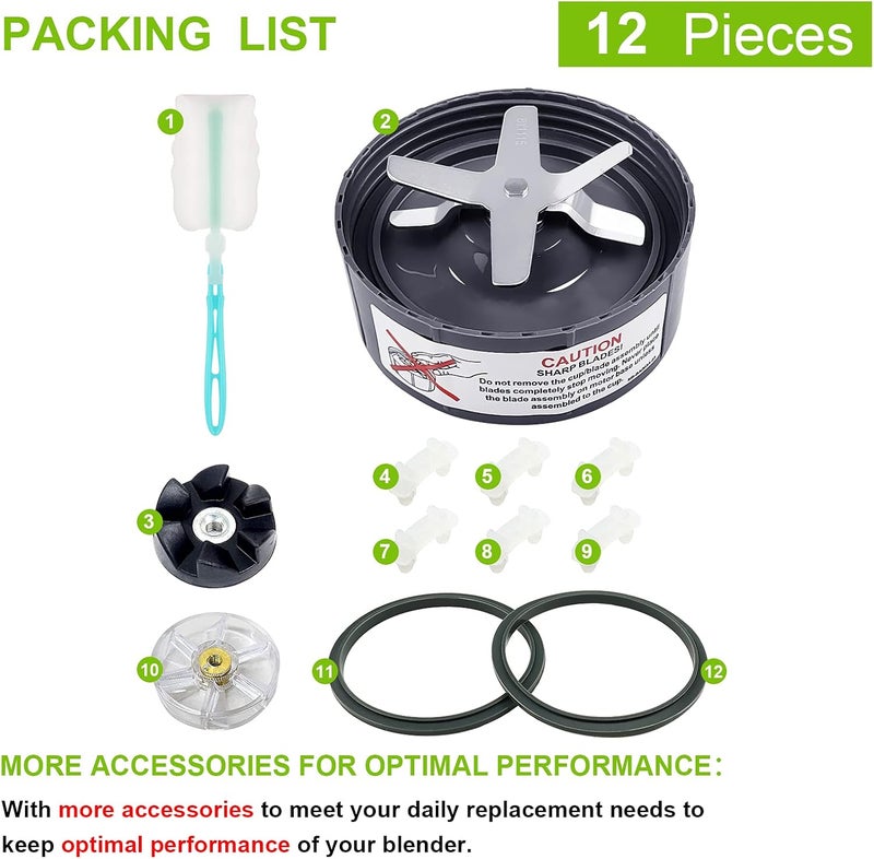 Feilifan 12 Pieces Blade Replacement Parts for NutriBullet Blender Extractor Cross Blade, Gear Rubber Gasket and Shock Pad Compatible with NutriBullet 600W & Pro 900W series - Image 2