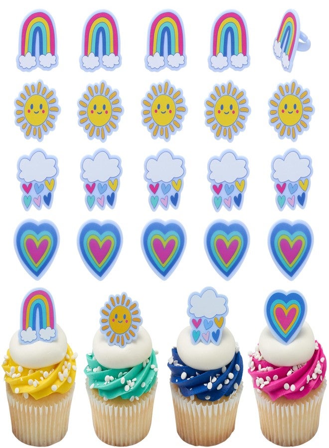 DecoPac Joyful Sunshine Cupcake Toppers, 24 Colorful Cupcake Rings For Birthday Parties, Featuring Rainbows, Hearts, Clouds, & Sun - 24 Pack - Image 1