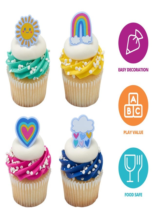 DecoPac Joyful Sunshine Cupcake Toppers, 24 Colorful Cupcake Rings For Birthday Parties, Featuring Rainbows, Hearts, Clouds, & Sun - 24 Pack - Image 2