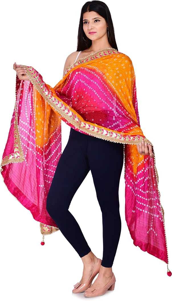PK HUB Women’s Jaipuri Rajasthani Bandhani Silk Dupatta – Heavy Multi-Colored Bandhej Dupatta with Gota Patti Work & Latkan for Ethnic Wear (Red-Orange-Rani, Free Size) - Image 5