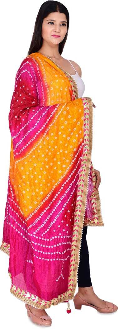 PK HUB Women’s Jaipuri Rajasthani Bandhani Silk Dupatta – Heavy Multi-Colored Bandhej Dupatta with Gota Patti Work & Latkan for Ethnic Wear (Red-Orange-Rani, Free Size) - Image 2