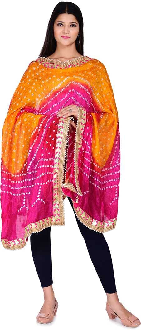 PK HUB Women’s Jaipuri Rajasthani Bandhani Silk Dupatta – Heavy Multi-Colored Bandhej Dupatta with Gota Patti Work & Latkan for Ethnic Wear (Red-Orange-Rani, Free Size) - Image 3