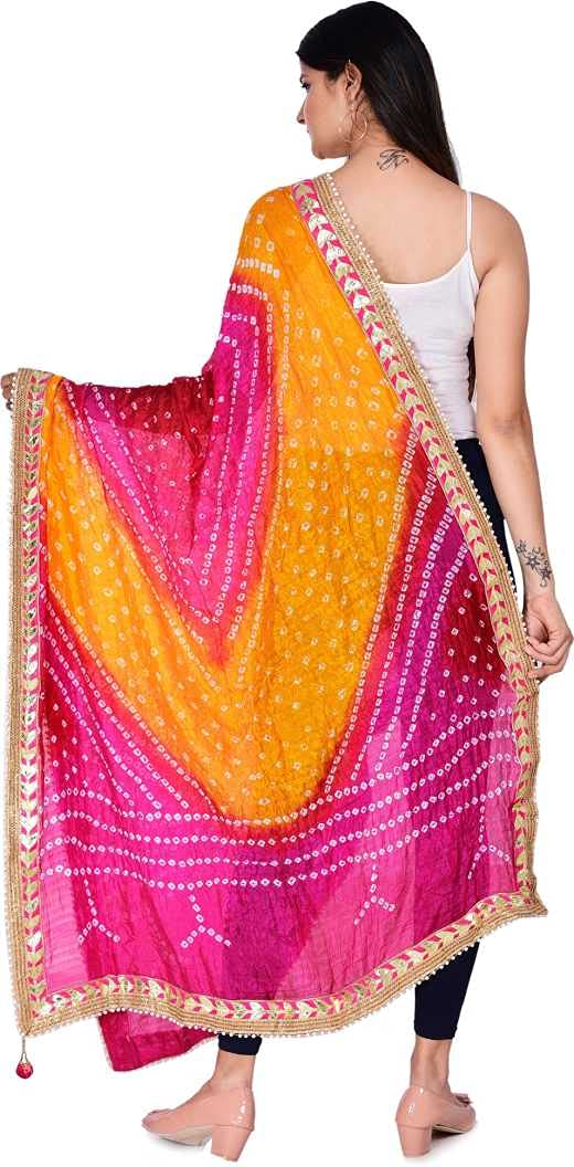 PK HUB Women’s Jaipuri Rajasthani Bandhani Silk Dupatta – Heavy Multi-Colored Bandhej Dupatta with Gota Patti Work & Latkan for Ethnic Wear (Red-Orange-Rani, Free Size) - Image 4