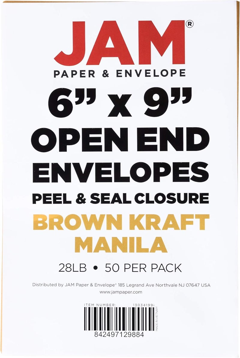 JAM Paper 6 x 9 Open End Catalog Envelopes with Peel and Seal Closure - Brown Kraft Manila - 50/Pack - Image 3