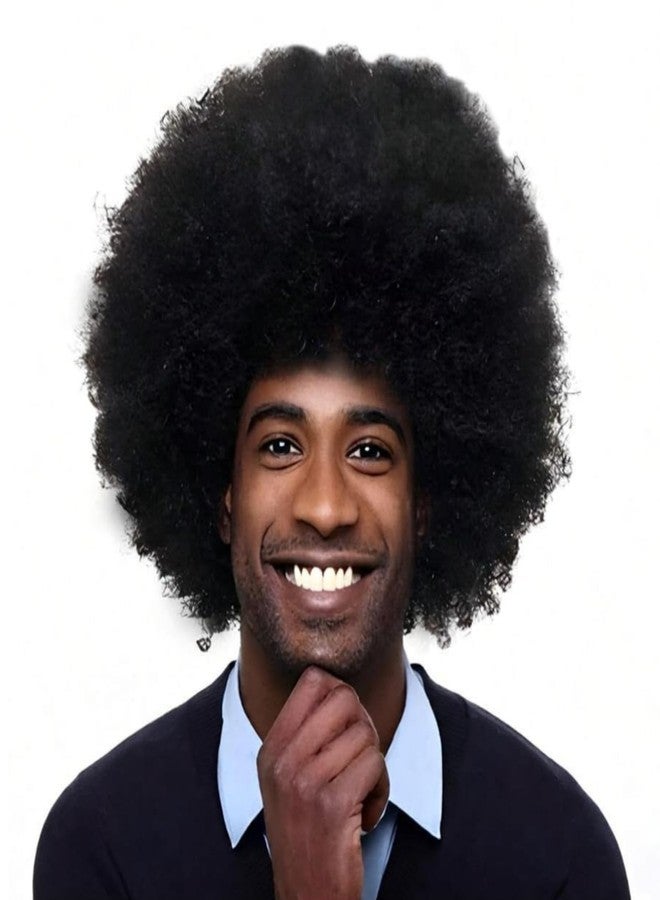 BECUS Afro Wig Human Hair, Mens Black Afro Wig 70s Disco Style, Black Mens Wig for Men, Short Curly Afro Costume Wig Halloween Party(Human-#1B) - Image 1
