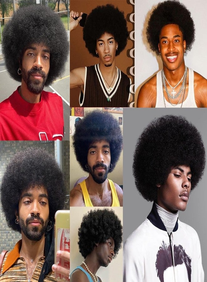 BECUS Afro Wig Human Hair, Mens Black Afro Wig 70s Disco Style, Black Mens Wig for Men, Short Curly Afro Costume Wig Halloween Party(Human-#1B) - Image 4