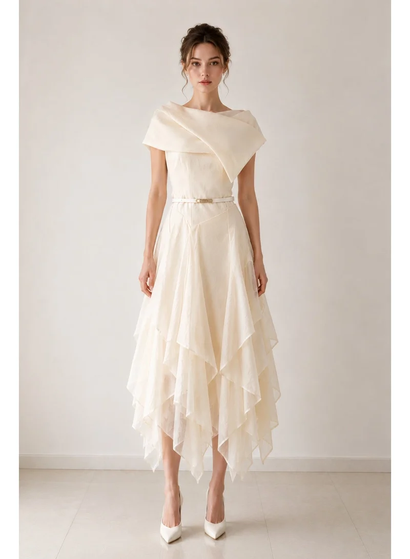 2TRENDY Chloe's Women's Layered Chiffon Midi Dress with Waist Belt - Off White