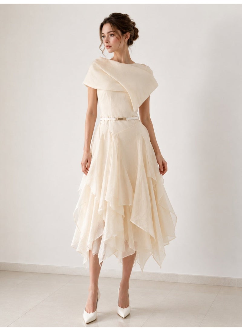 2TRENDY Chloe's Women's Layered Chiffon Midi Dress with Waist Belt - Off White - Image 1