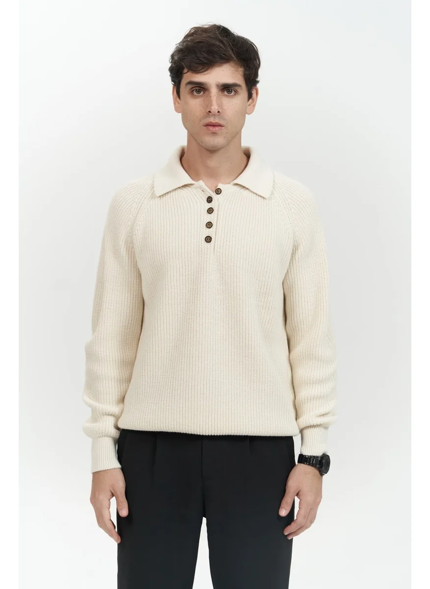 Mai Collection Vander Button Detail Ecru Men's Knitwear Sweater