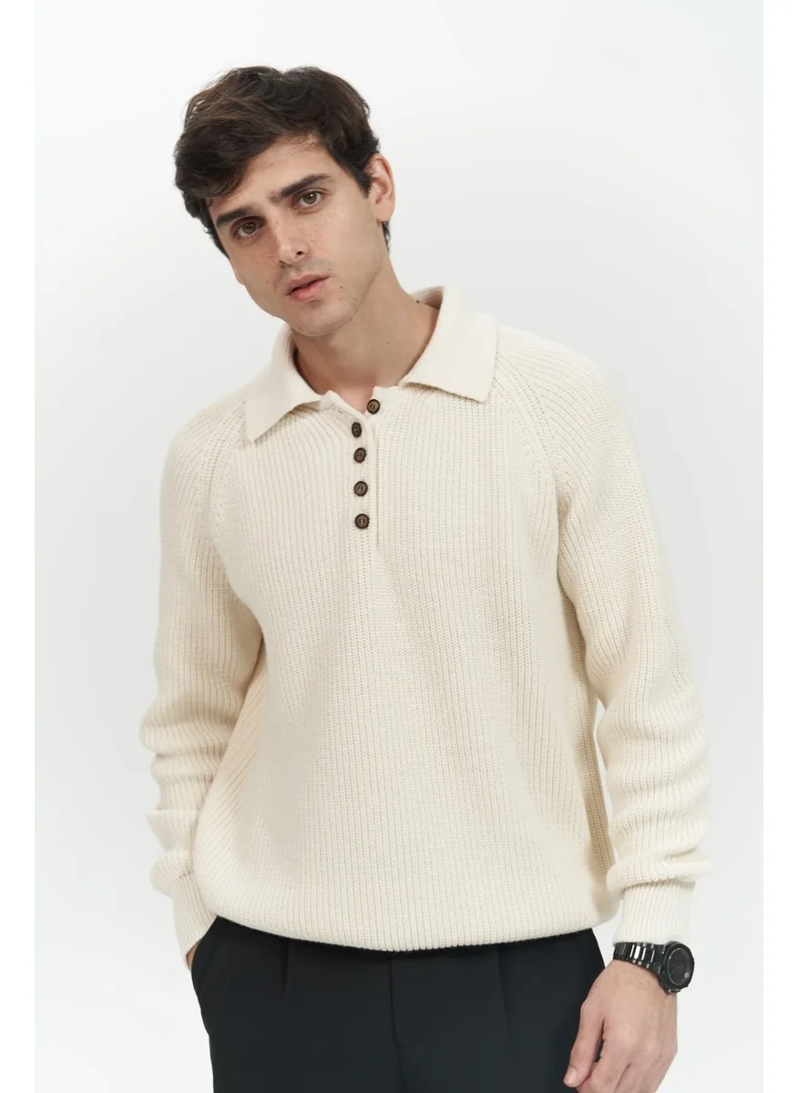 Mai Collection Vander Button Detail Ecru Men's Knitwear Sweater