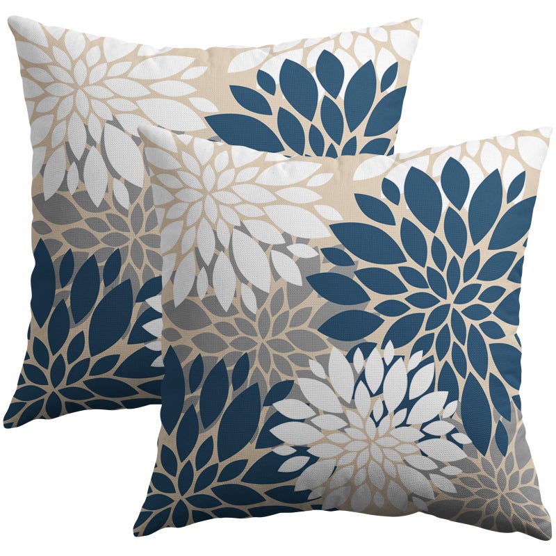 Smozenith Blue White Grey Gray Pillow Covers 20X20 Inch Set of 2  Summer Modern Geometry Dahlia Floral Print Decorative Throw Pillow Covers Outdoor Farmhouse Cushion Case for Home Couch Sofa Bed Decor  - Image 1