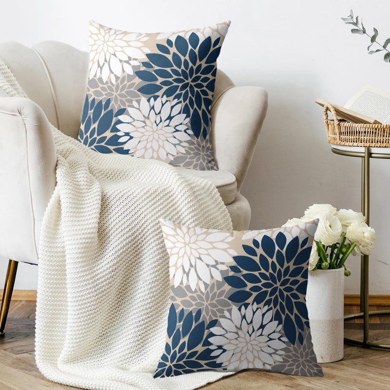 Smozenith Blue White Grey Gray Pillow Covers 20X20 Inch Set of 2  Summer Modern Geometry Dahlia Floral Print Decorative Throw Pillow Covers Outdoor Farmhouse Cushion Case for Home Couch Sofa Bed Decor  - Image 3