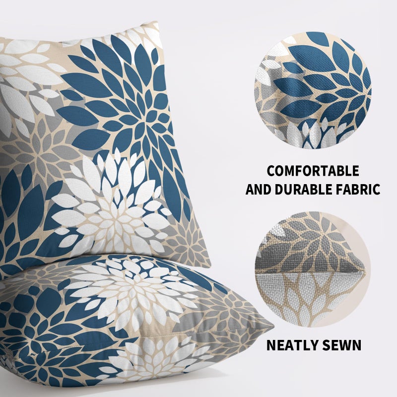 Smozenith Blue White Grey Gray Pillow Covers 20X20 Inch Set of 2  Summer Modern Geometry Dahlia Floral Print Decorative Throw Pillow Covers Outdoor Farmhouse Cushion Case for Home Couch Sofa Bed Decor  - Image 5