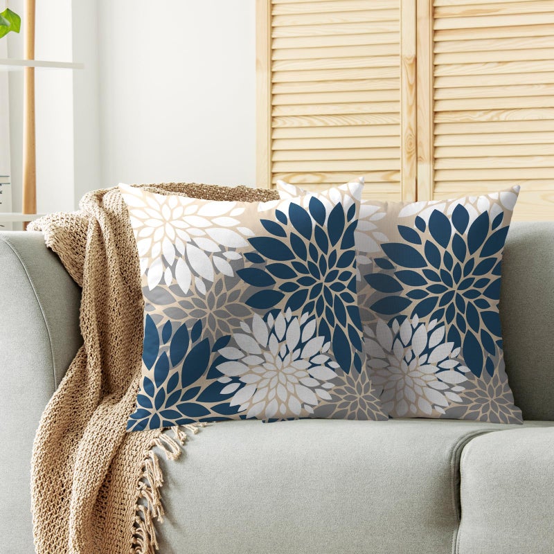 Smozenith Blue White Grey Gray Pillow Covers 20X20 Inch Set of 2  Summer Modern Geometry Dahlia Floral Print Decorative Throw Pillow Covers Outdoor Farmhouse Cushion Case for Home Couch Sofa Bed Decor  - Image 2