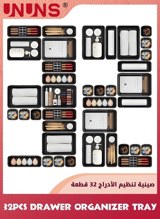 UNUNS 32Pcs Drawer Organizer Tray,Plastic Stackable Multifunctional Storage For Vanity,Bathroom,Kitchen,Desk Drawer Organizer Office,Black - Image 1