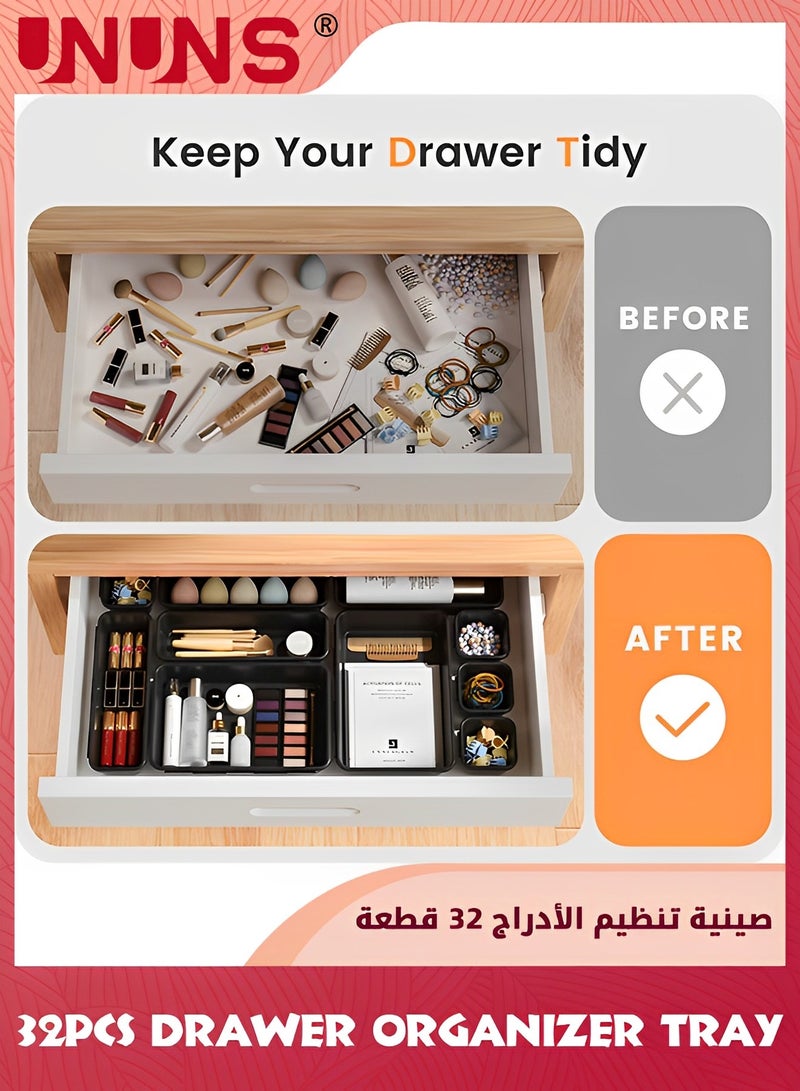 UNUNS 32Pcs Drawer Organizer Tray,Plastic Stackable Multifunctional Storage For Vanity,Bathroom,Kitchen,Desk Drawer Organizer Office,Black - Image 5