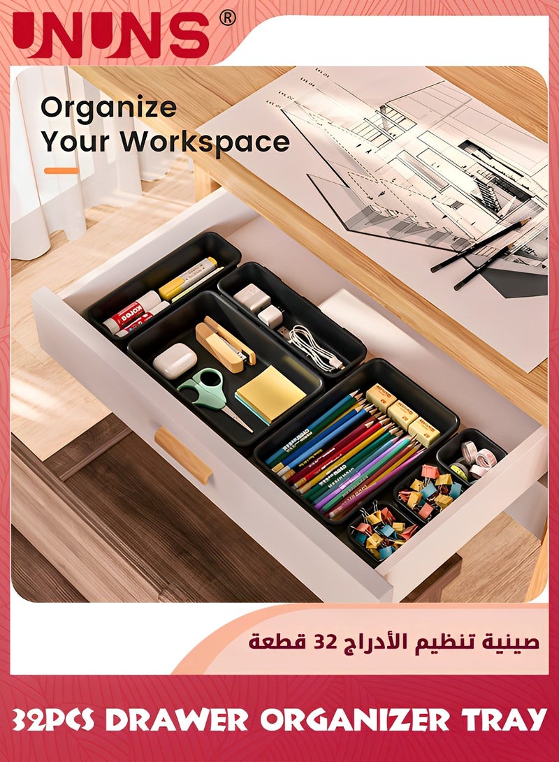 UNUNS 32Pcs Drawer Organizer Tray,Plastic Stackable Multifunctional Storage For Vanity,Bathroom,Kitchen,Desk Drawer Organizer Office,Black - Image 3