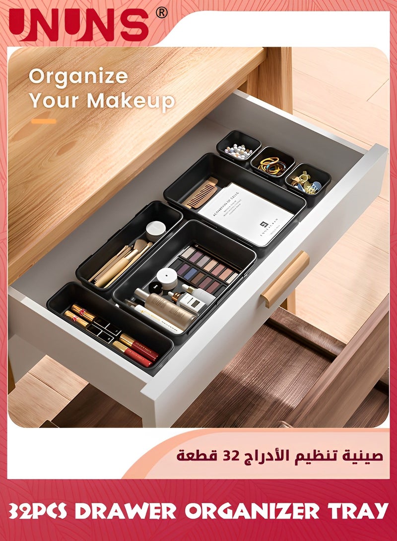 UNUNS 32Pcs Drawer Organizer Tray,Plastic Stackable Multifunctional Storage For Vanity,Bathroom,Kitchen,Desk Drawer Organizer Office,Black - Image 4