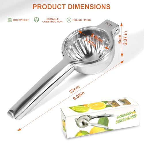 TEZZ Upgrated Extra Large Lemon Squeezer, Heavy Duty Handhelp Orange Juicer with 3.47'' extra big Filter Bowl, Stainless Steel Hand Press Citrus Juicer, Lime Squeezer Bar Tool, Manual Citrus Press - Image 3