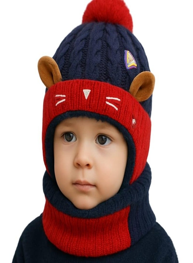 CAPICHINO Kids Knit Animal Ear Hat with Pom Pom and Scarf - Bear or Cat Design Winter Beanie for Boys and Girls (Red, 1-5 Years) - Image 1
