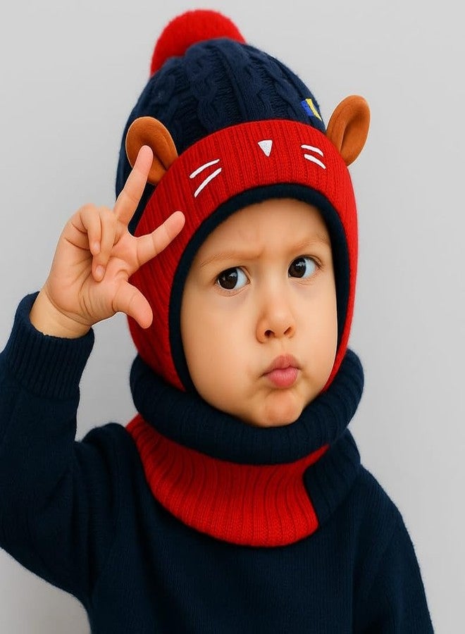 CAPICHINO Kids Knit Animal Ear Hat with Pom Pom and Scarf - Bear or Cat Design Winter Beanie for Boys and Girls (Red, 1-5 Years) - Image 3