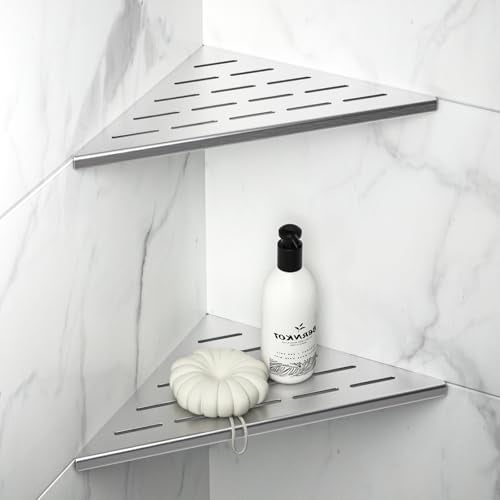 Bernkot 10'' Corner Shower Shelf 2PCS, 304 Stainless Steel Grout in Shelves for Tiled Wall, Recessed Bathroom Shelves, No Drilling Needed (10'', Silver) - Image 1
