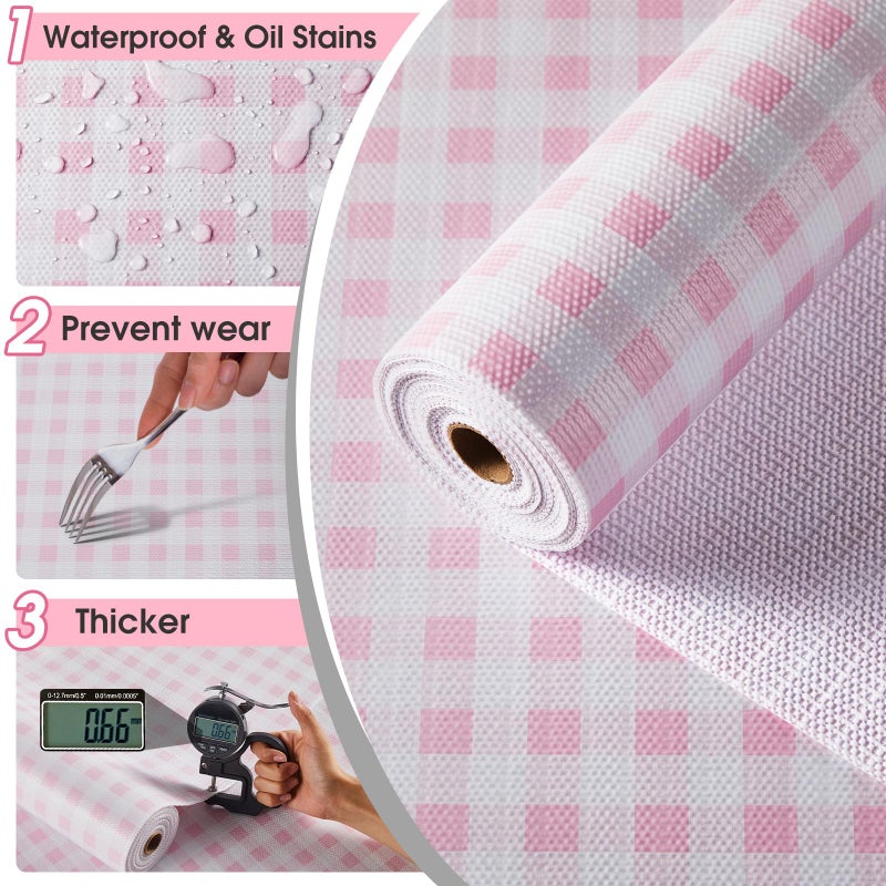 ALIUNI Drawer and Shelf Liner, Non-Slip Kitchen Cabinet Liners Non-Adhesive Thick Strong Grip Waterproof Washable Mats Protect Dresser Shelves Cupboard Bathroom Cabinets, Pink Plaid, 12 in X 10 FT - Image 5