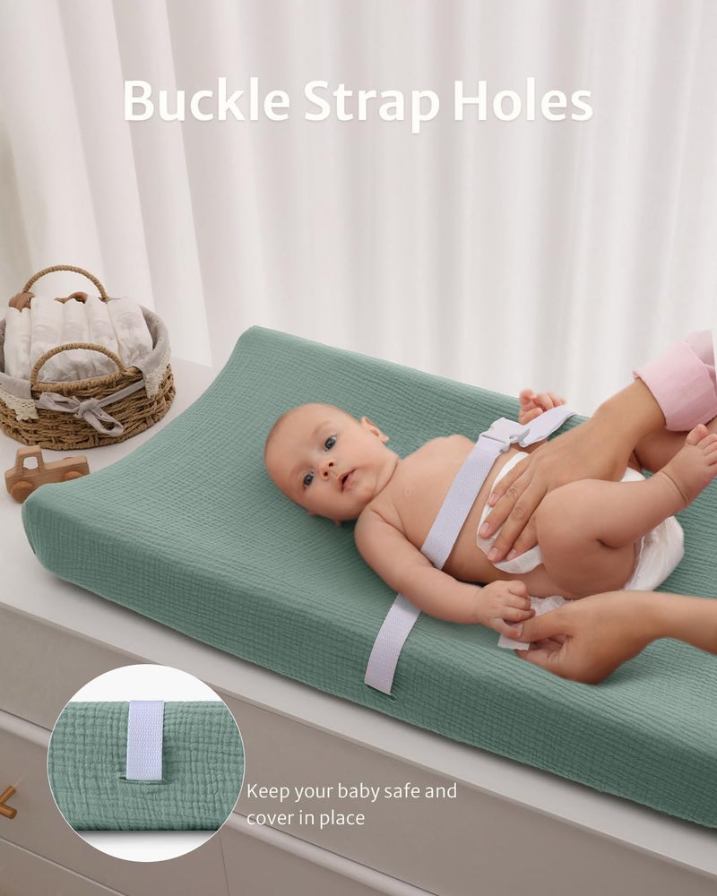 Blissful Diary Muslin Changing Pad Cover for Baby Girls Boys, Ultra Soft Breathable Cotton, Baby Diaper Change Table Pad Covers, 2Pack (Checkered Green & Sage Green) - Image 4