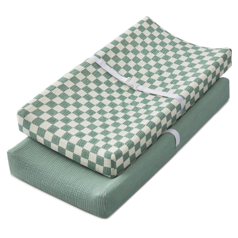 Blissful Diary Muslin Changing Pad Cover for Baby Girls Boys, Ultra Soft Breathable Cotton, Baby Diaper Change Table Pad Covers, 2Pack (Checkered Green & Sage Green) - Image 1