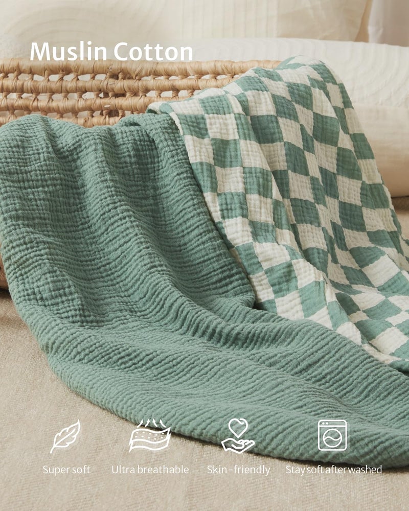 Blissful Diary Muslin Changing Pad Cover for Baby Girls Boys, Ultra Soft Breathable Cotton, Baby Diaper Change Table Pad Covers, 2Pack (Checkered Green & Sage Green) - Image 2