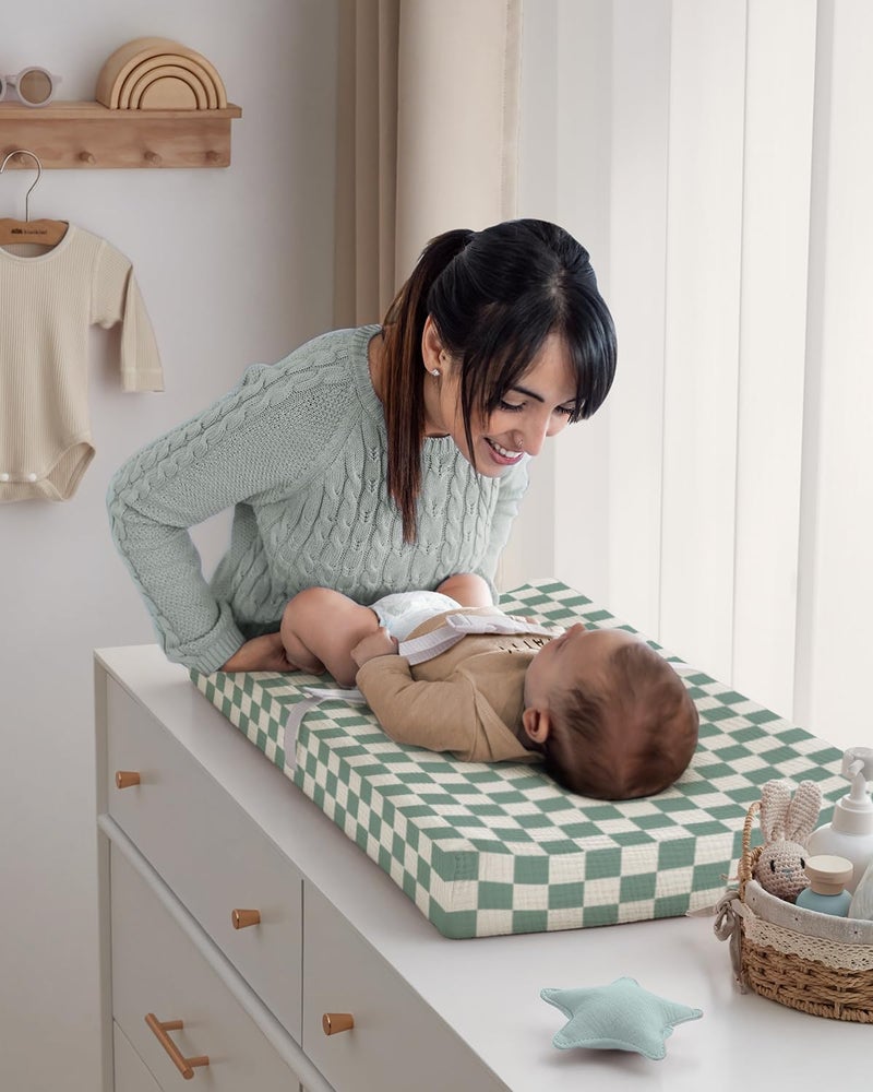Blissful Diary Muslin Changing Pad Cover for Baby Girls Boys, Ultra Soft Breathable Cotton, Baby Diaper Change Table Pad Covers, 2Pack (Checkered Green & Sage Green) - Image 3